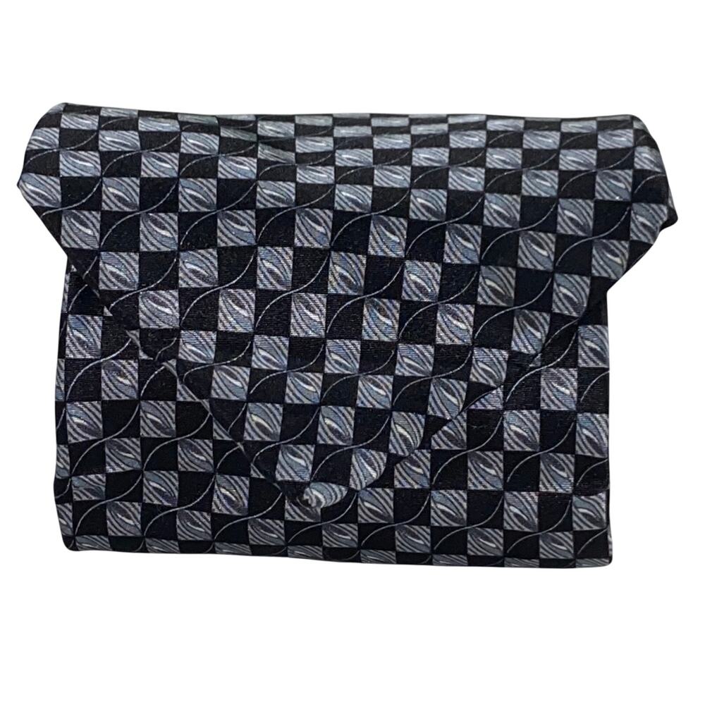 Geoffrey Beene Neck Tie Black Silver Checker Silk Stain Resistant 63.5x4 Suit